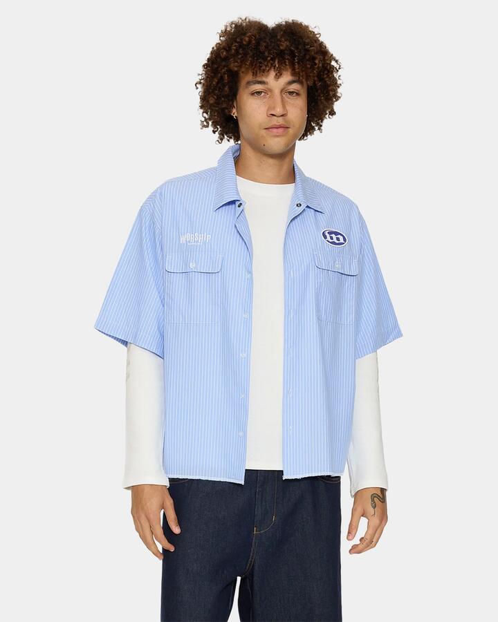 Image of Shirts. Product name - Worship Mens Morality Box Crop Short Sleeve Shirt Light Blue in Light Blue colour by brand - Worship
