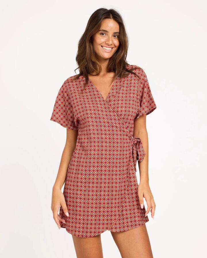 Image of Dresses. Product name - Roxy Womens Aurora Wrap Mini Dress Dusty Orange in Dusty Orange colour by brand - Roxy