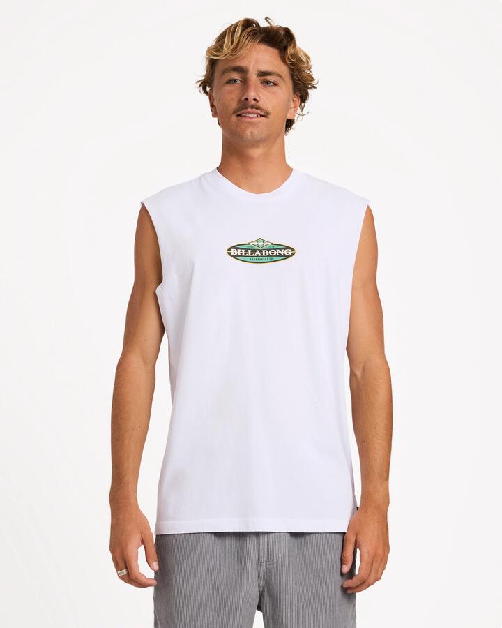Image of a model wearing Tops. Product name - Billabong Mens Stringer Muscle White in White colour by brand - Billabong