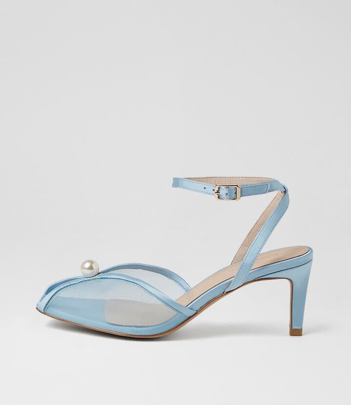 Image of Sandals. Product name - Bridee Pale Blue Satin Sandals in Pale Blue colour by brand - MOLLINI