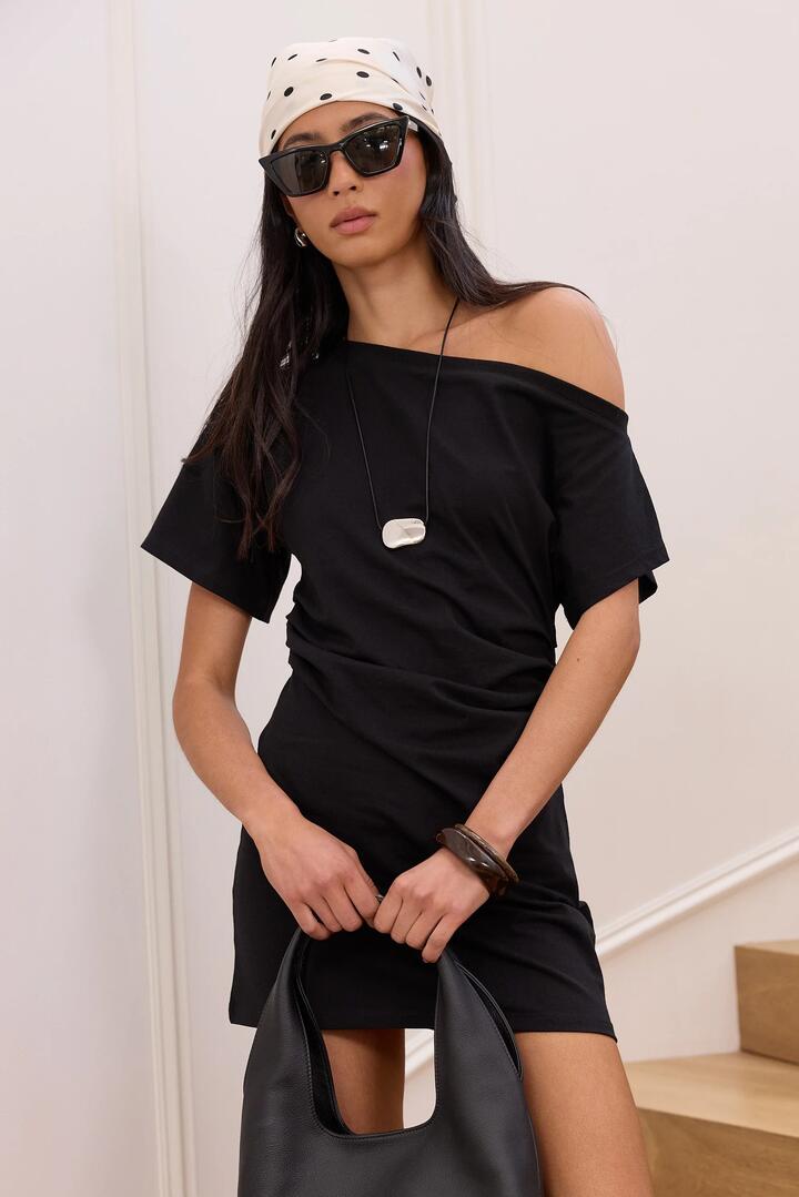 Image of Dresses. Product name - Chatter Black Ruched Mini Tee Shirt Dress in Black colour by brand - Stories be Told