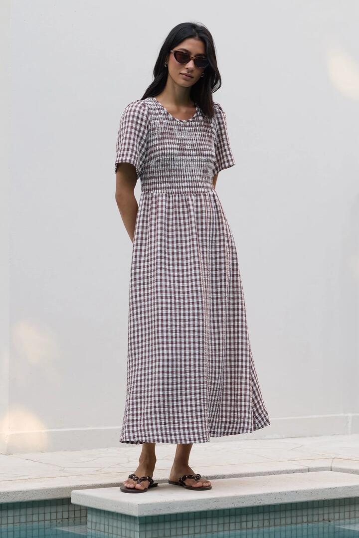 Image of Dresses. Product name - Wren Chocolate Gingham SS Shirred Bodice Midi Dress in Chocolate Gingham colour by brand - RE:UNION Label