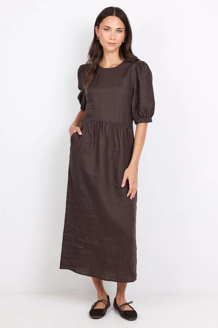 Image of Dresses. Product name - Relative Dark Chocolate Linen Puff Sleeve Maxi Dress in Dark Chocolate colour by brand - RE:UNION Label