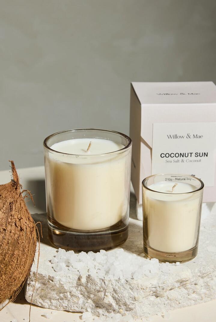 Image of Perfumes & Colognes. Product name - Coconut Sun Sea Salt + Coconut 210g Soy Candle in Ivory colour by brand - Willow & Mae