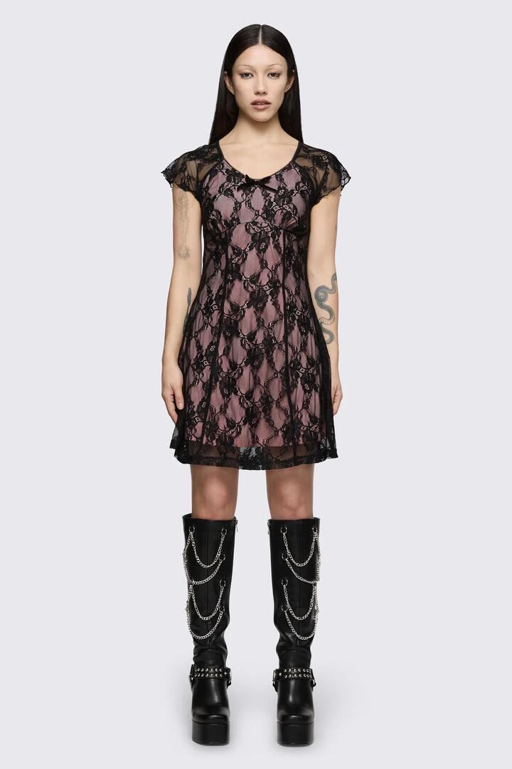 Image of Dresses. Product name - Broken Rollercoaster Lace Babydoll Dress in Black/Pink colour by brand - Dangerfield