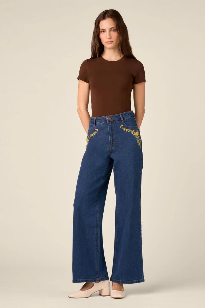 Image of Jeans. Product name - Marie Embroidered Denim Jean in Blue Denim colour by brand - Princess Highway