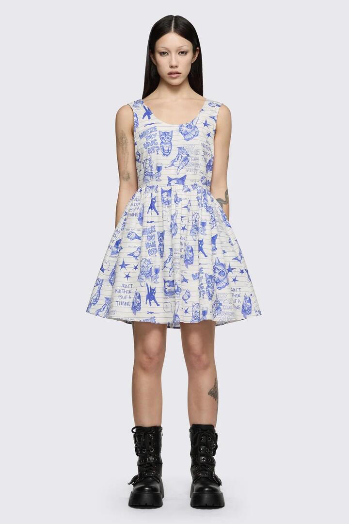 Image of Dresses. Product name - Sketchy Cat Dress in White/Purple colour by brand - Dangerfield