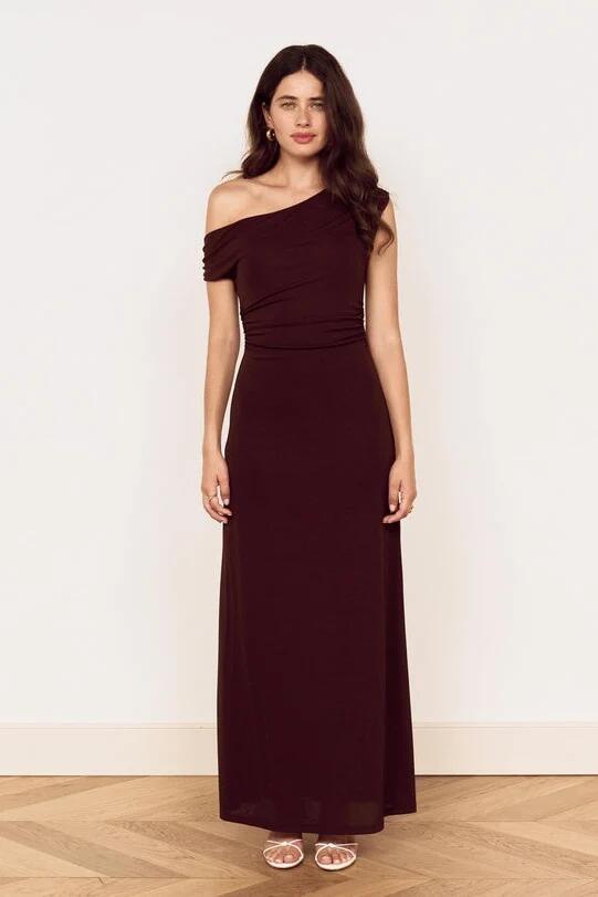 Image of Dresses. Product name - Aster Chocolate Off Shoulder Mesh Midi Dress in Brown colour by brand - Mink Pink
