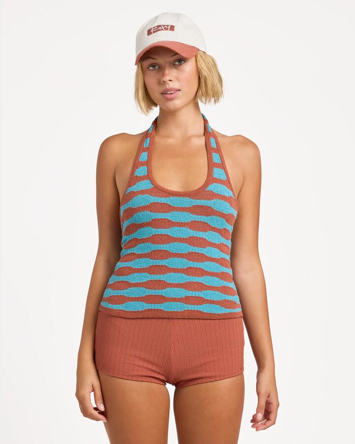Image of a model wearing Tops. Product name - Roxy Womens Dunes Knit Halter Top Blue Moon in Blue Moon colour by brand - Roxy