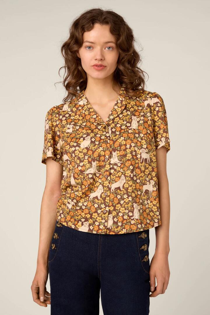 Image of Blouses. Product name - Dogs & Flowers Spring Blouse in Chocolate colour by brand - Princess Highway