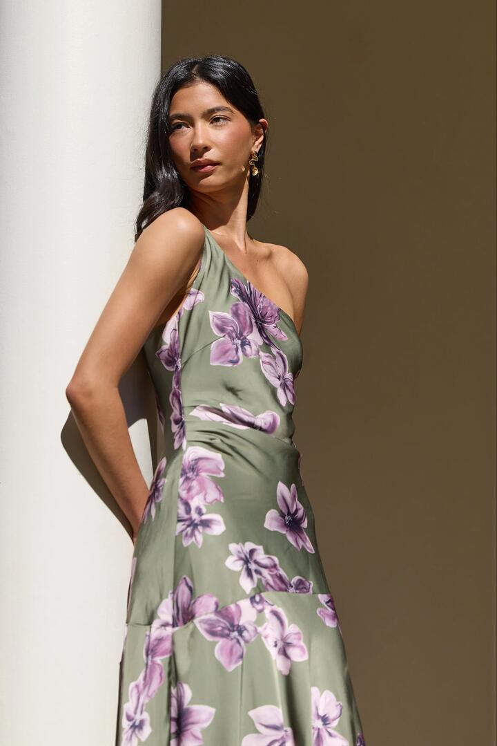 Image of Dresses. Product name - Prolific Olive Lilac Floral Satin One Shoulder Bias Slip Maxi Dress in Olive Lilac Floral colour by brand - Georgia Zoe