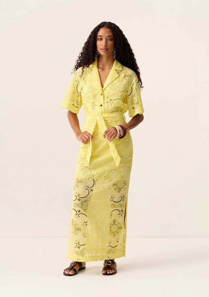 Image of a model wearing Skirts. Productname: Lotus Skirt in Canary colour by brand - MOS The Label