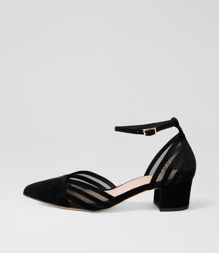 Image of Heels. Product name - Adriela Black Suede Mesh T Bars in Black colour by brand - MIDAS