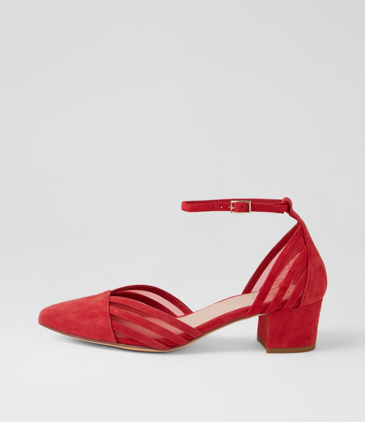 Image of Heels. Product name - Adriela Red Suede Mesh T Bars in Red colour by brand - MIDAS