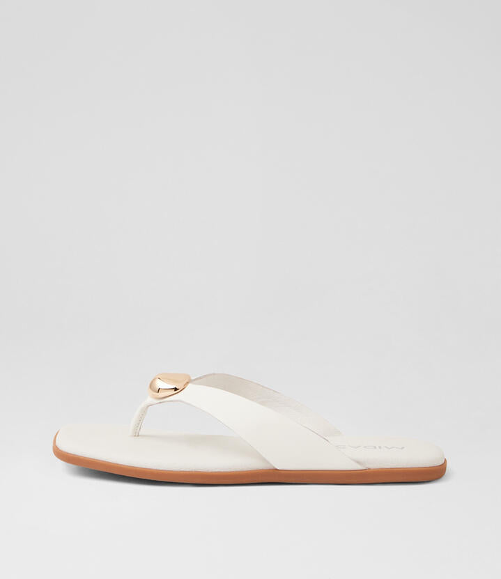 Image of Sandals. Product name - Nilah White Gold Leather Thongs in White-Gold colour by brand - MIDAS