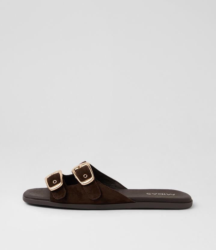 Image of Slippers. Product name - Novay Choc Suede Slides in Choc colour by brand - MIDAS