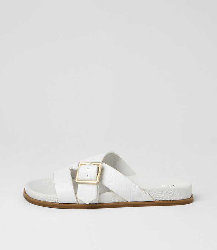 Image of Slippers. Product name - Nibble White Leather Slides in White colour by brand - MIDAS