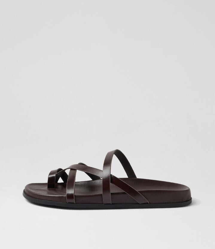 Image of Slippers. Product name - Haana Choc Shine Leather Slides in Choc colour by brand - MOLLINI