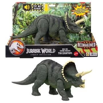 Image of Action Figures. Product name - Jurassic World Reimagined Real Feel Triceratops Roaring Dinosaur Figure, 90S Inspired Toy in colour by brand - Jurassic World