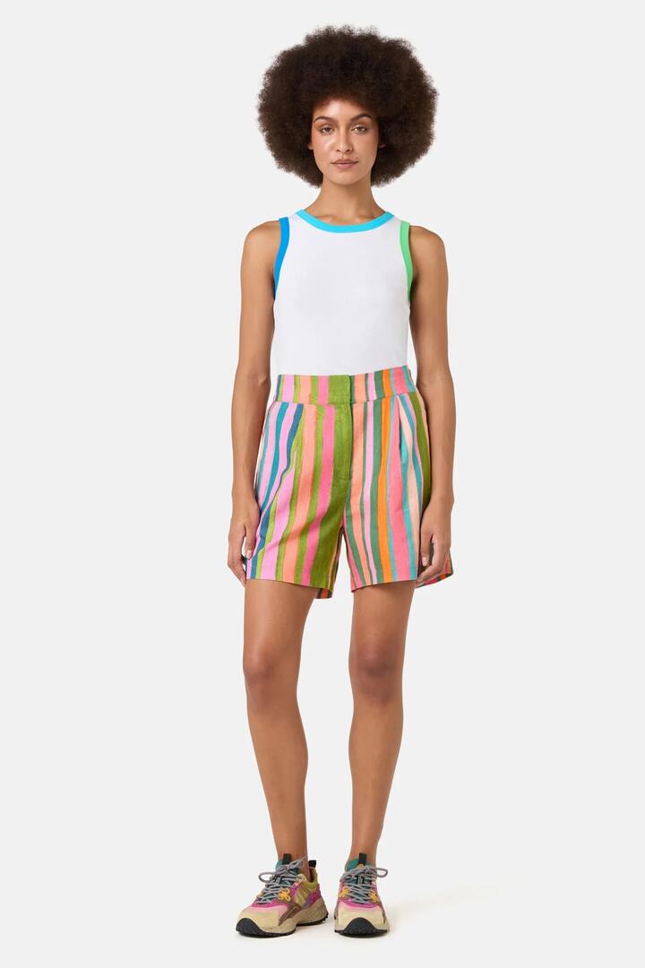 Image of a model wearing Shorts. Product name - Stripes Print Short in Print colour by brand - Gorman
