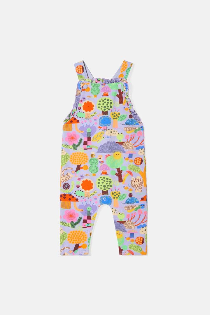 Image of a model wearing Pants. Product name - Woodend Baby Frill Overalls in Lilac colour by brand - Gorman