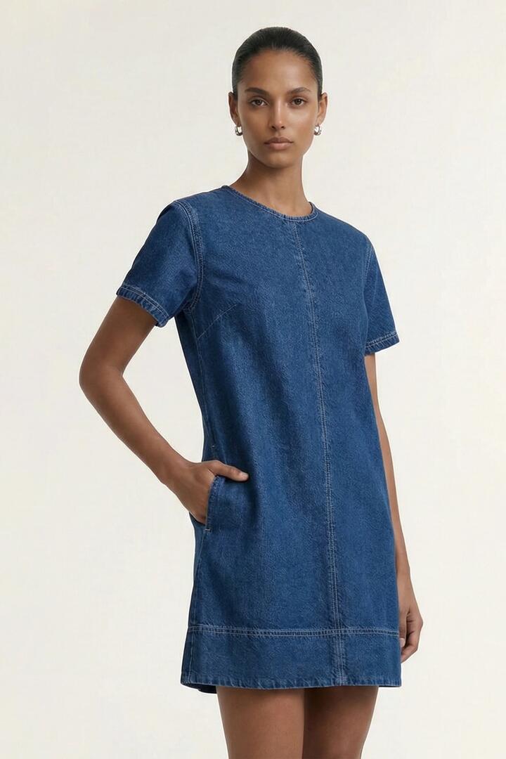 Image of Dresses. Product name - Roma Indigo Chambray Denim Cap Sleeve Midi Dress in Blue colour by brand - Staple The Label