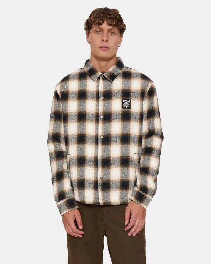 Image of Coats & Jackets. Product name - Thrills Stagger Cropped Flannel Jacket Blk1 Black in Black colour by brand - Thrills