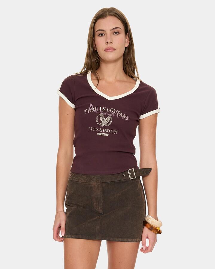 Image of T-Shirts. Product name - Thrills Heritage Track V Neck Club Tee 13A Aubergine in Aubergine colour by brand - Thrills