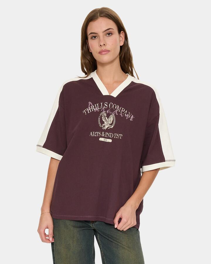 Image of T-Shirts. Product name - Thrills Heritage Track V Neck Oversized Tee 13A Aubergine in Aubergine colour by brand - Thrills