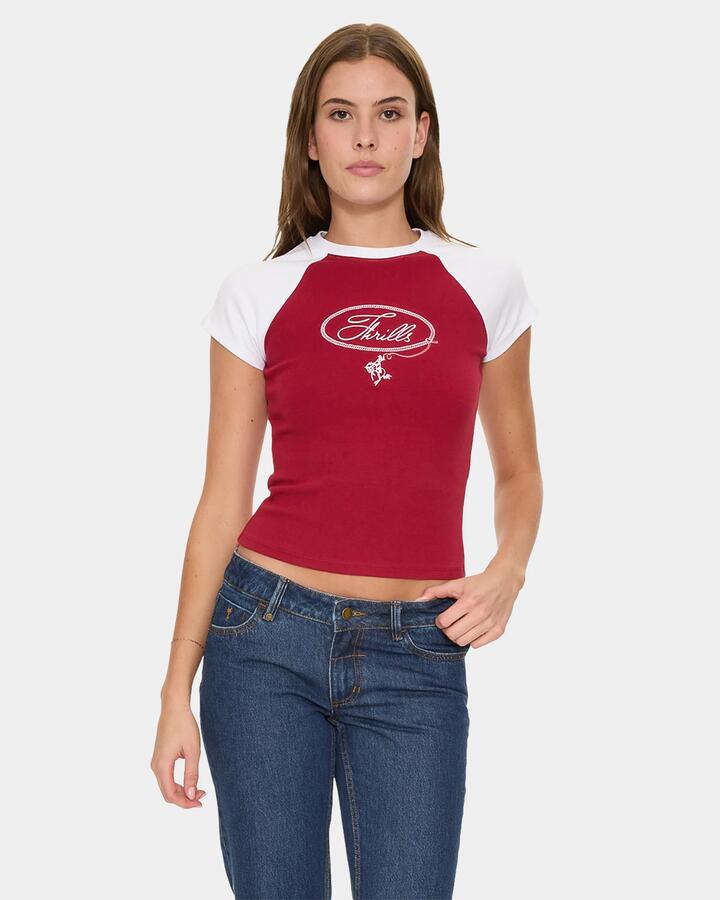 Image of T-Shirts. Product name - Thrills Outlaw Raglan Club Tee Pmbq Blood Plum in Blood Plum colour by brand - Thrills