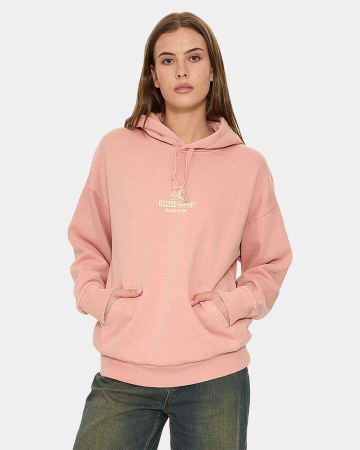 Image of a model wearing Outerwear. Product name - Thrills Risen Slouch Hood Rsw Rosewood in Rosewood colour by brand - Thrills