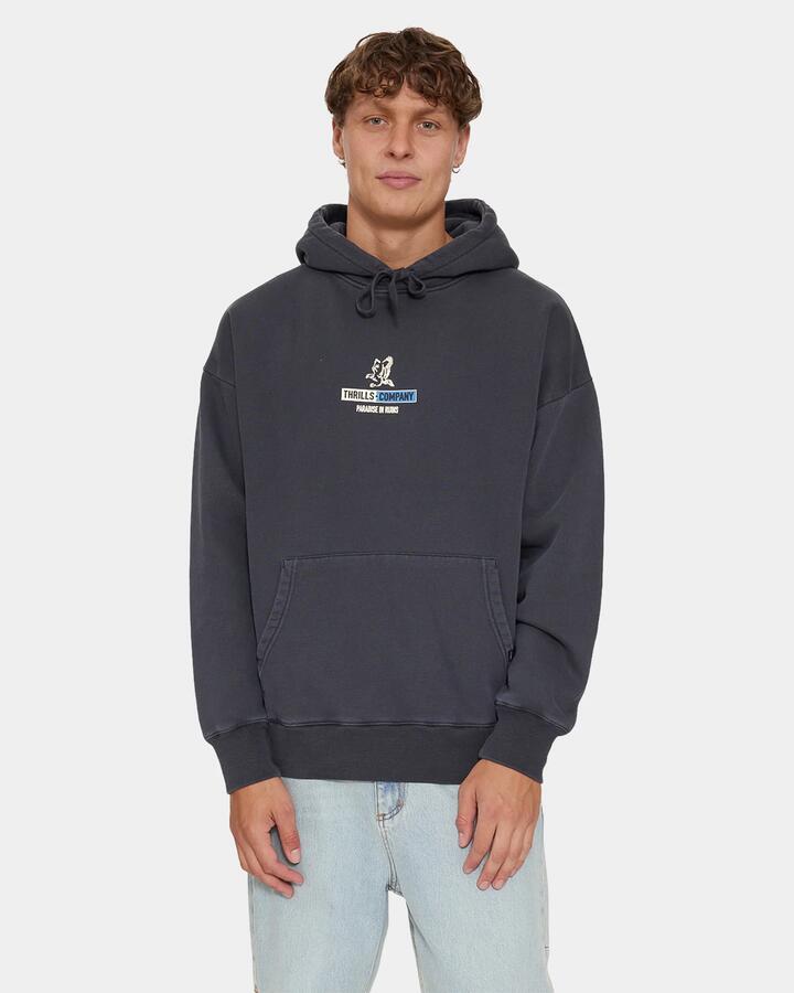 Image of a model wearing Outerwear. Product name - Thrills Risen Slouch Pull On Hood 110 Total Eclipse in Total Eclipse colour by brand - Thrills