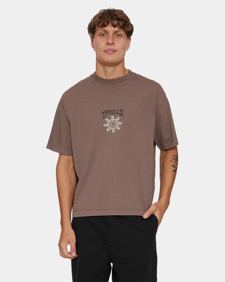 Image of a model wearing Tops. Product name - Thrills Stagger Oversize Box Crop Tee 26 Clay Smoke in Clay Smoke colour by brand - Thrills