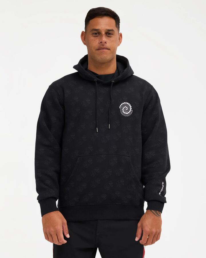 Image of a model wearing Outerwear. Product name - Quiksilver Mens Tiki Pullover Hoodie Black in Black colour by brand - Quiksilver