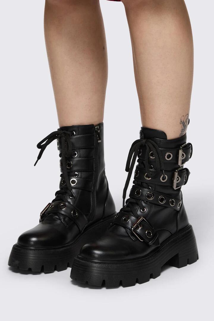 Image of Boots. Product name - Eyelet Fat Lace Boot in Black colour by brand - Dangerfield