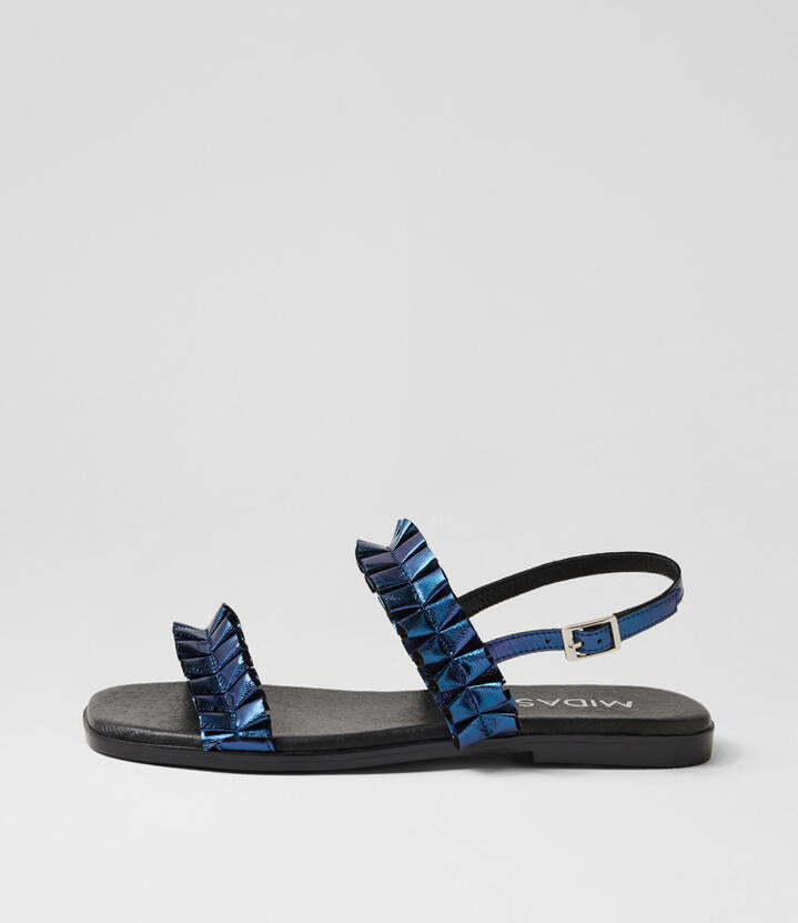 Image of Sandals. Product name - Gretta Blue Metallic Leather Sandals in Blue Metallic colour by brand - MIDAS