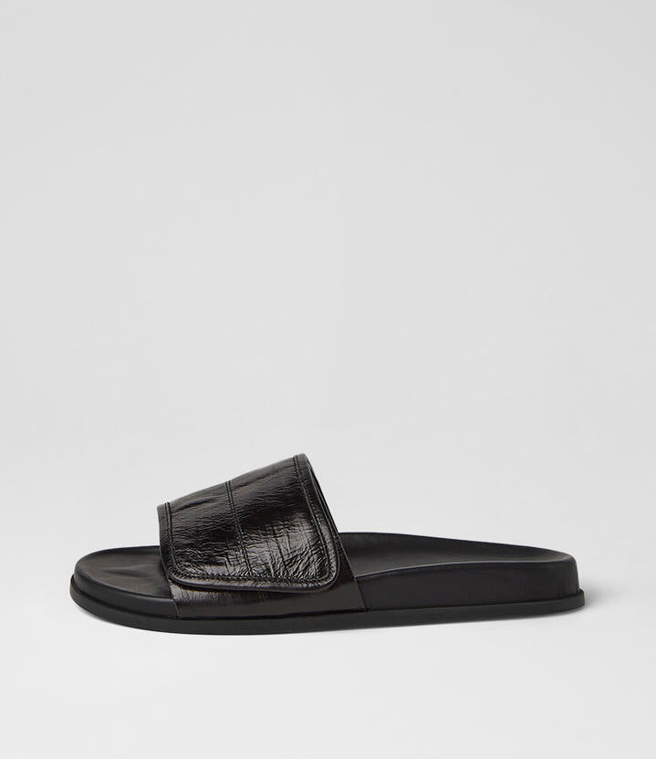 Image of Slippers. Product name - Hyobi Black Embossed Leather Slides in Black-Black Sole colour by brand - MOLLINI
