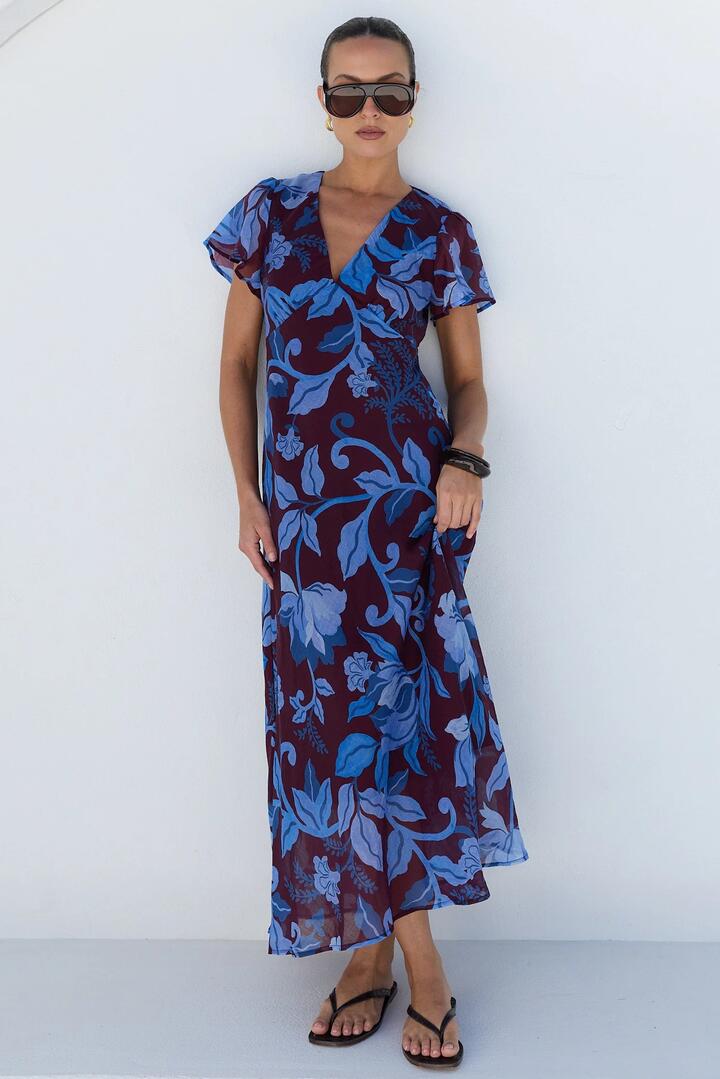 Image of Dresses. Product name - Chariot Burgundy Blue Floral Flutter Sleeve Maxi Dress in Burgundy Blue Floral colour by brand - Among the Brave