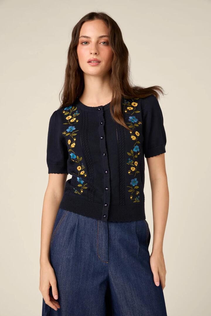 Image of Cardigans. Product name - Chloe Embroidered Cardigan in Navy colour by brand - Princess Highway