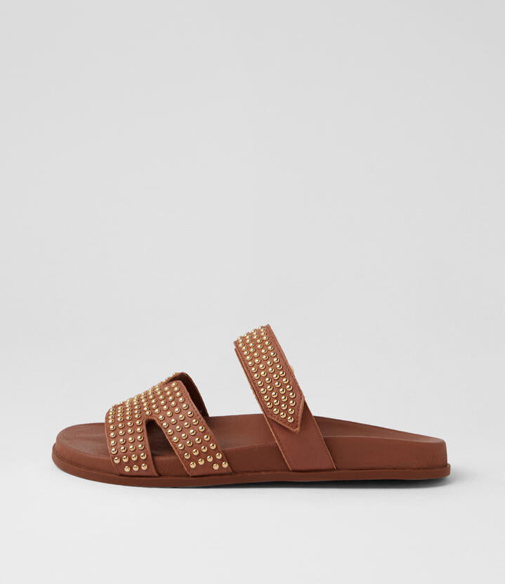 Image of Slippers. Product name - Tiff Walnut Gold Leather Slides in Walnut-Gold colour by brand - MIDAS