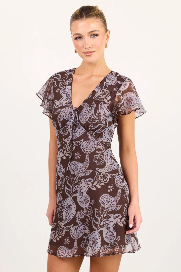 Image of Dresses. Product name - Adorned Chocolate Paisley Georgette Flutter Sleeve Mini Dress in Chocolate Paisley colour by brand - Georgia Zoe