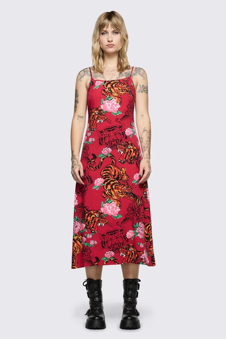 Image of Dresses. Product name - Big Cat Midi Dress in Red colour by brand - Dangerfield