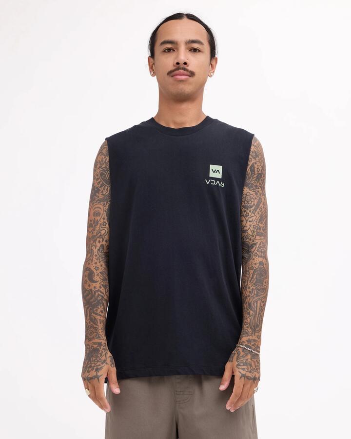 Image of T-Shirts. Product name - RVCA Mens Up State Muscle T-Shirt Black/Green in Black/Green colour by brand - RVCA