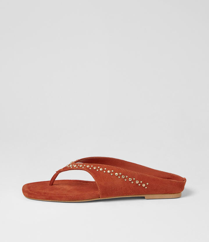 Image of Sandals. Product name - Rowser Coral Suede Thongs in Coral colour by brand - MOLLINI