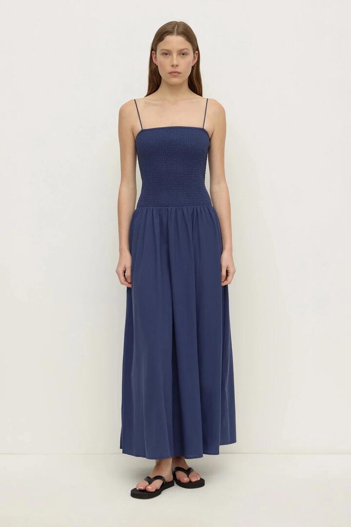 Image of Dresses. Product name - Connie Imperial Blue Strappy Cotton Shirred Dress in Blue colour by brand - Assembly Label