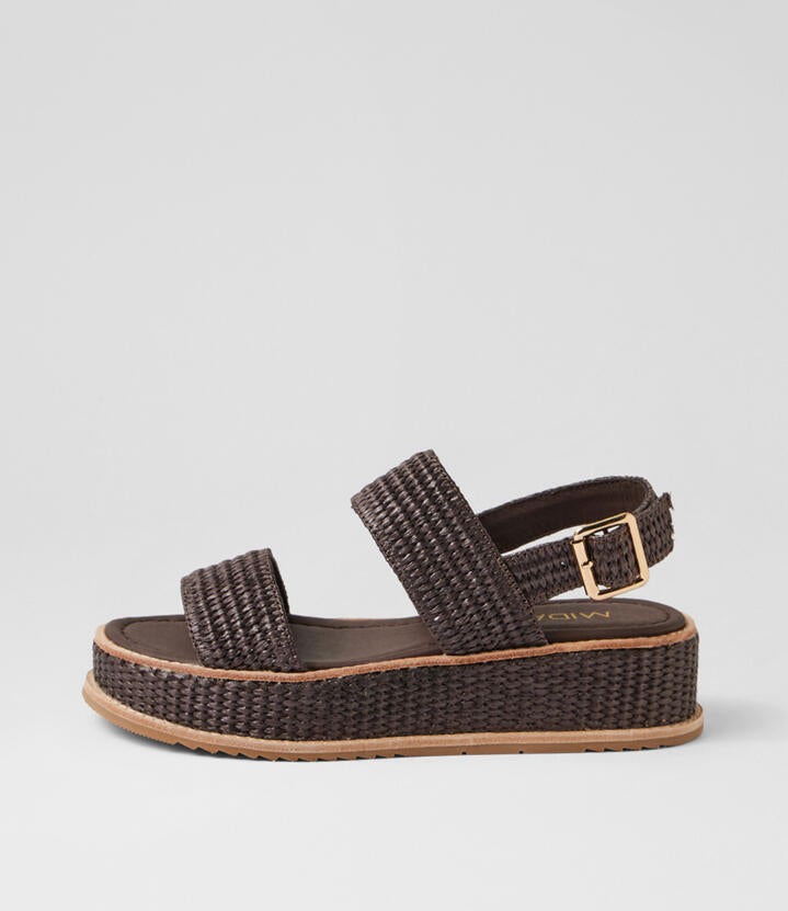 Image of Heels. Product name - Vanya Choc Synthetic Raffia Platform Wedge Sandals in Choc-Choc colour by brand - MIDAS