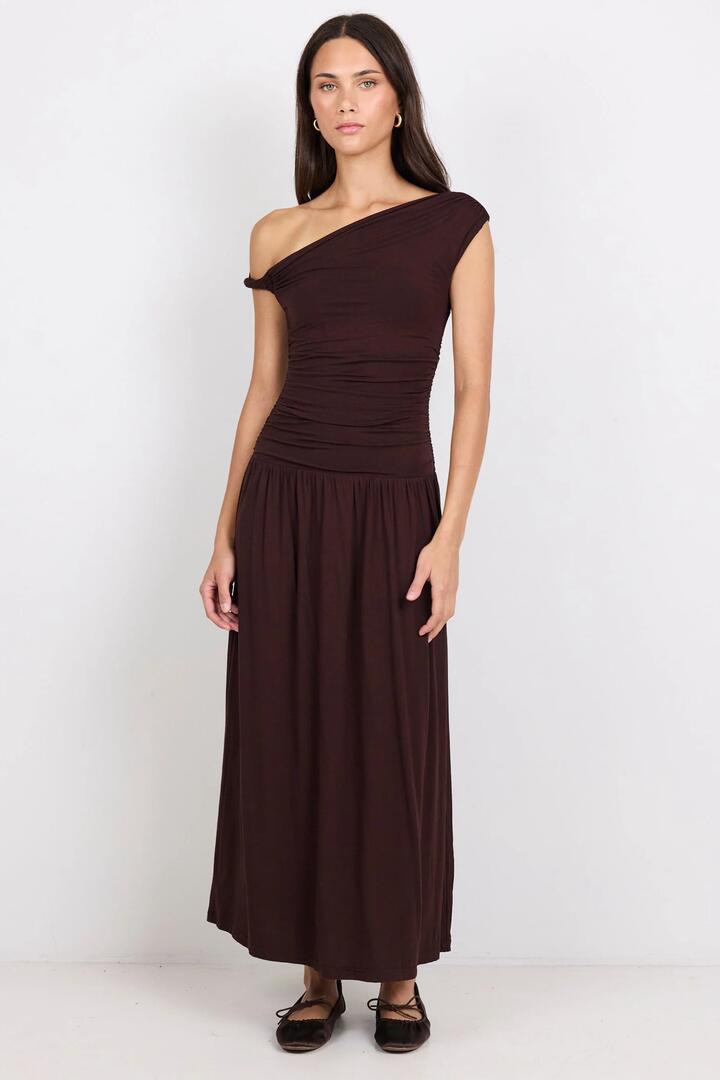 Image of Dresses. Product name - Vanguard Chocolate Off Shoulder Ruched Maxi Dress in Chocolate colour by brand - Georgia Zoe