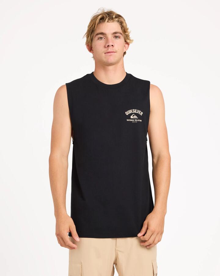 Image of a model wearing Tops. Product name - Quiksilver Mens Sails Away Muscle Black in Black colour by brand - Quiksilver