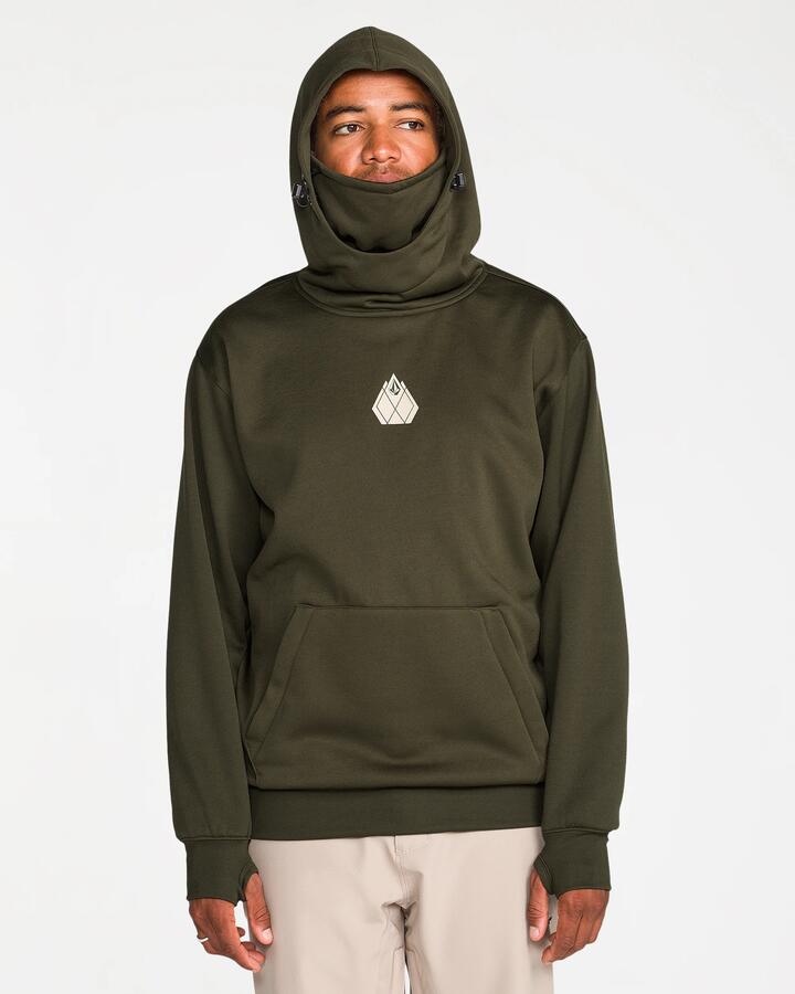 Image of a model wearing Outerwear. Product name - Volcom Mens Hydro Riding Hoodie Dark Green in Dark Green colour by brand - Volcom
