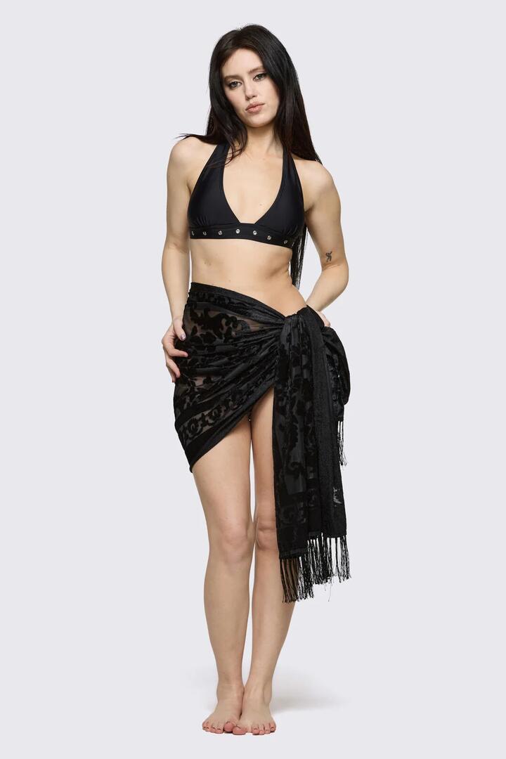 Image of Scarves & Shawls. Product name - Black Velvet Burnout Scarf in Black colour by brand - Dangerfield